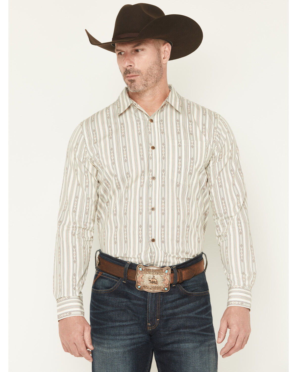 Gibson Trading Co Men's Tiki Boat Southwestern Striped Print Long Sleeve Button-Down Stretch Western Shirt, White, hi-res