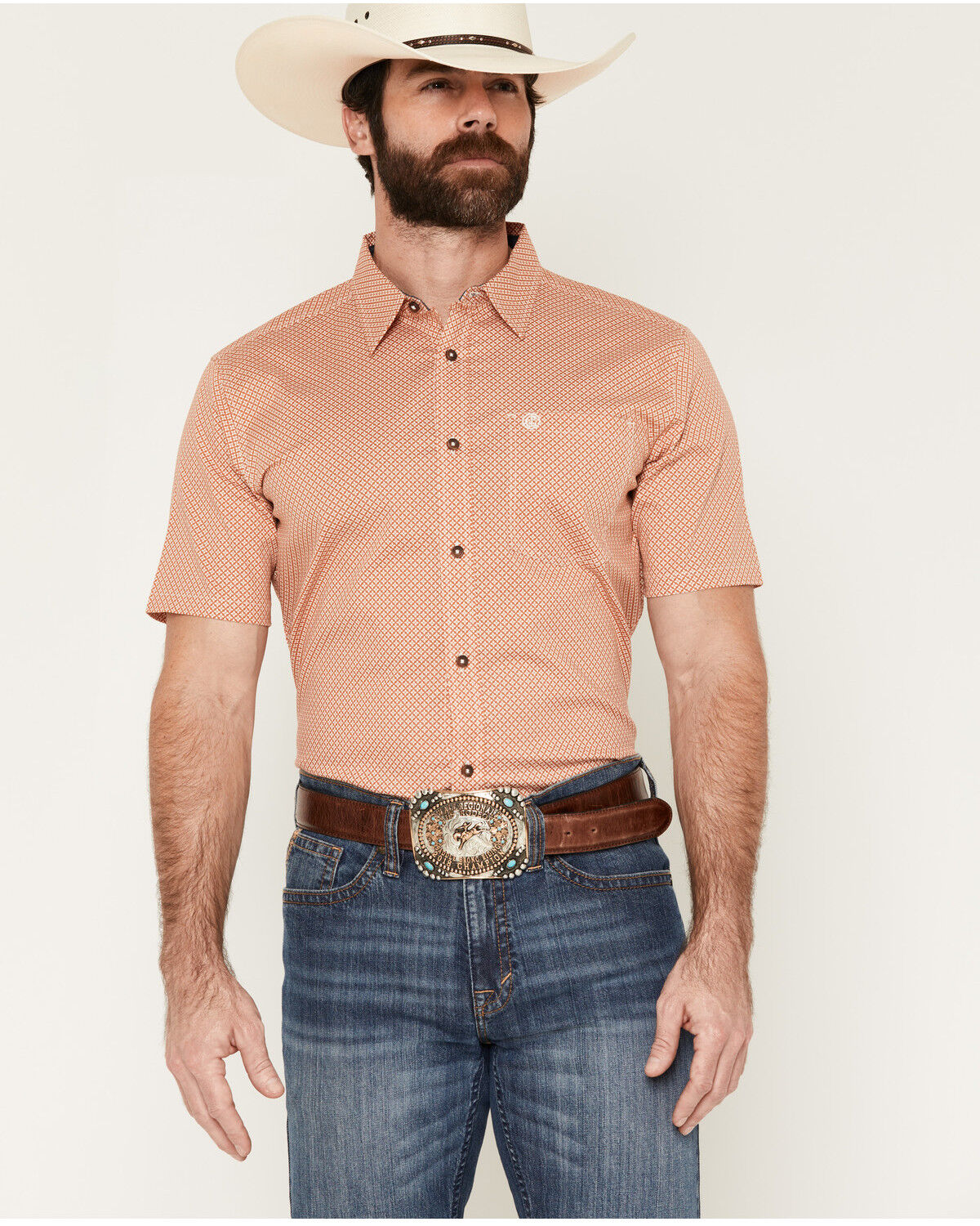 Image #1 - Cody James Men's Grill And Greet Medallion Print Short Sleeve Stretch Western Shirt - Tall, Red, hi-res