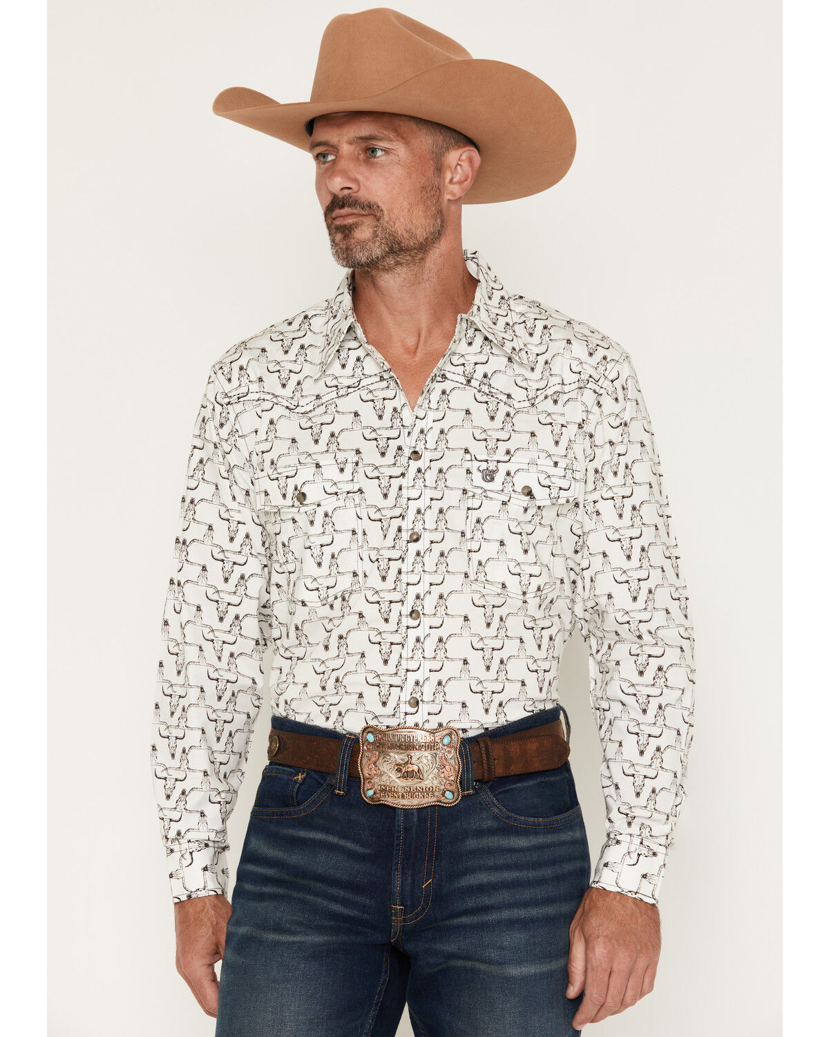 Cowboy Hardware Men's Hombre Skull Print Long Sleeve Snap Stretch Western Shirt, White, hi-res