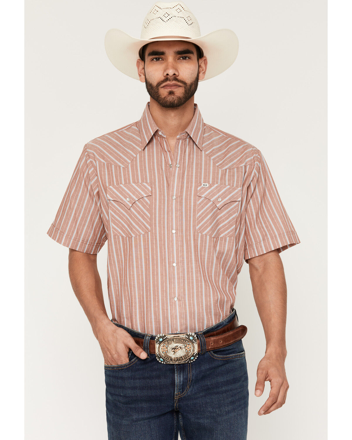 Image #1 - Ely Walker Men's Barbed Wire Striped Short Sleeve Pearl Snap Western Shirt, Rust Copper, hi-res