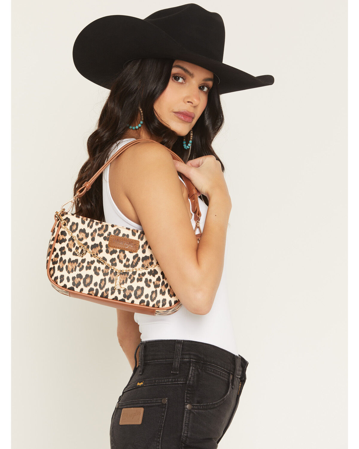 Image #1 - Wrangler Women's Boot Barn Exclusive Leopard Print Shoulder Bag with Chain, Brown, hi-res