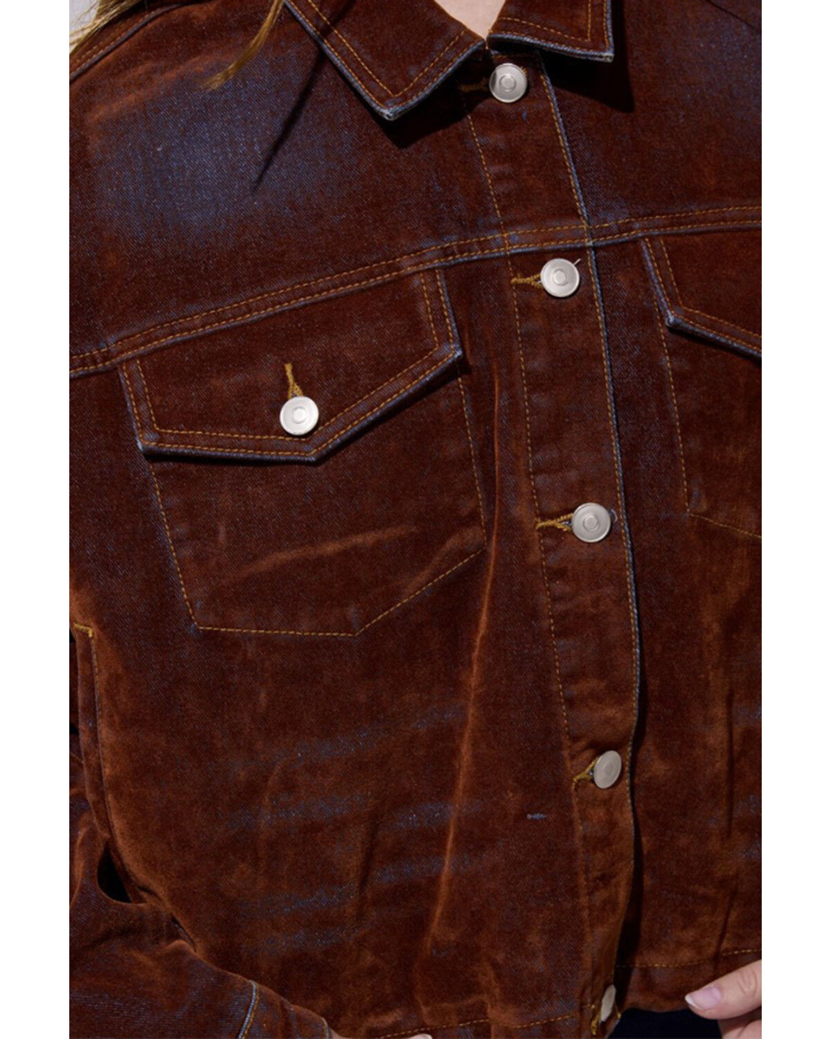Image #4 - Azalea Wang Women's Velvet Button-Down Denim Jacket, Orange, hi-res
