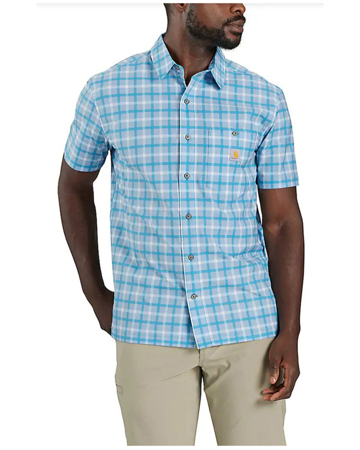 Image #1 - Carhartt Men's Force Sun Defender&trade; Relaxed Fit Lightweight Plaid Print Short Sleeve Button-Down Shirt, Aqua, hi-res