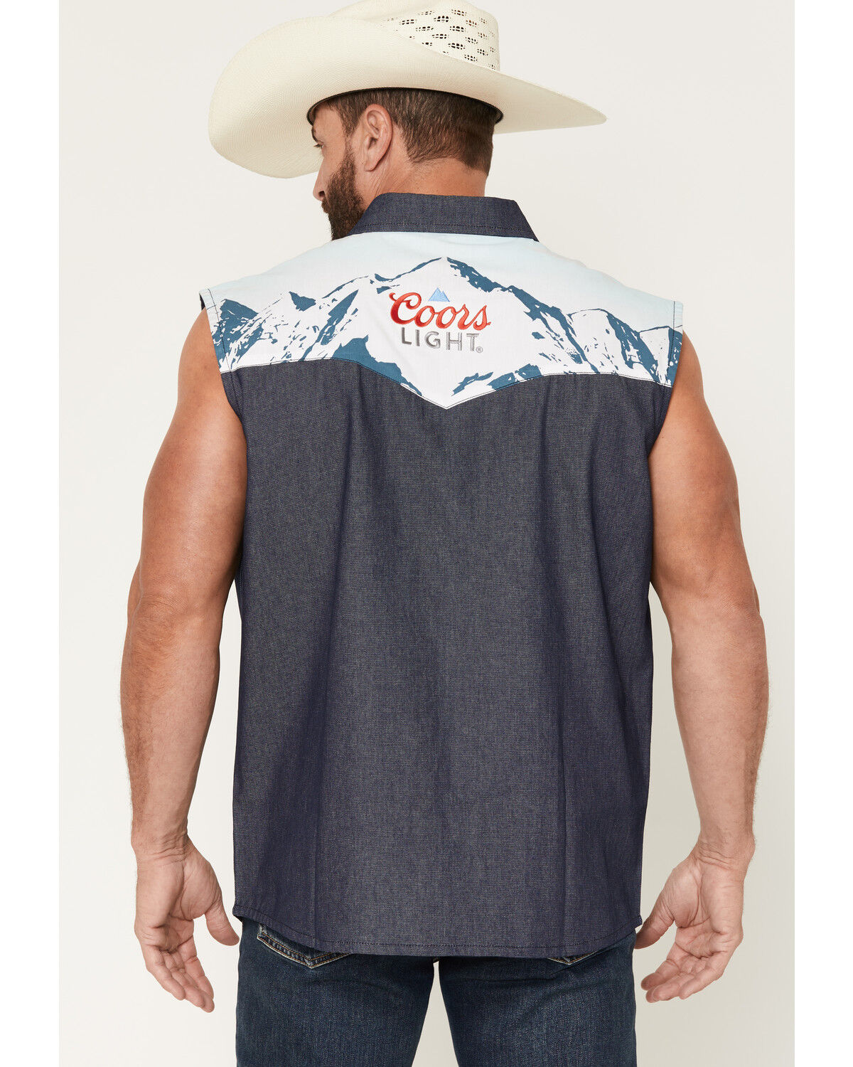 Image #4 - Coors Men's Boot Barn Exclusive Mountain Sleeveless Pearl Snap Bubba, Blue, hi-res