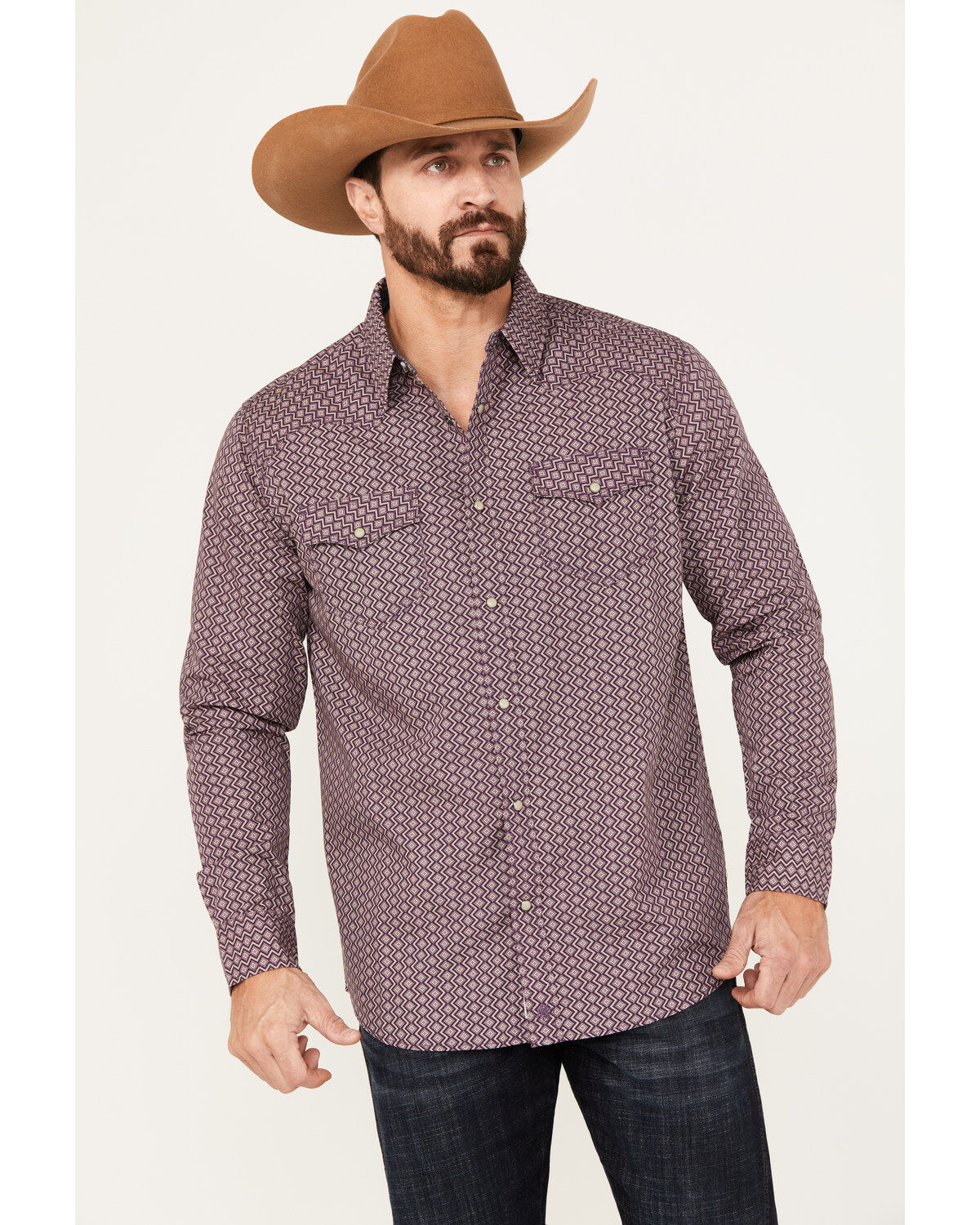 Image #1 - Moonshine Spirit&reg; Men's Southwestern Print Long Sleeve Western Pearl Snap Shirt, Purple, hi-res