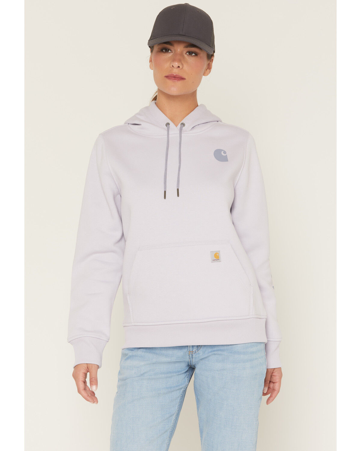 Image #1 - Carhartt Women's Relaxed Fit Midweight Logo Sleeve Graphic Hoodie, Purple, hi-res