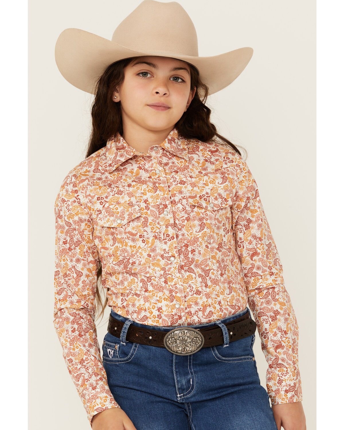 Image #1 - Shyanne Girls' Ash Floral Print Long Sleeve Pearl Snap Stretch Western Shirt, Gold, hi-res