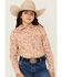 Image #1 - Shyanne Girls' Ash Floral Print Long Sleeve Pearl Snap Stretch Western Shirt , Gold, hi-res