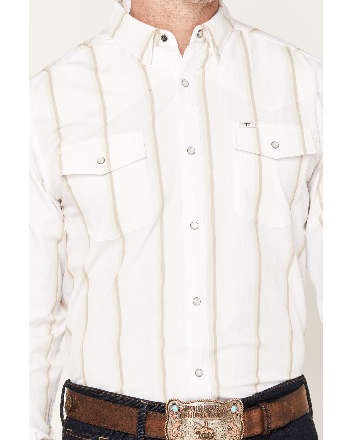 Image #3 - Ferrell Men's Tristan Tek Striped Long Sleeve Pearl Snap Stretch Western Shirt, Cream, hi-res
