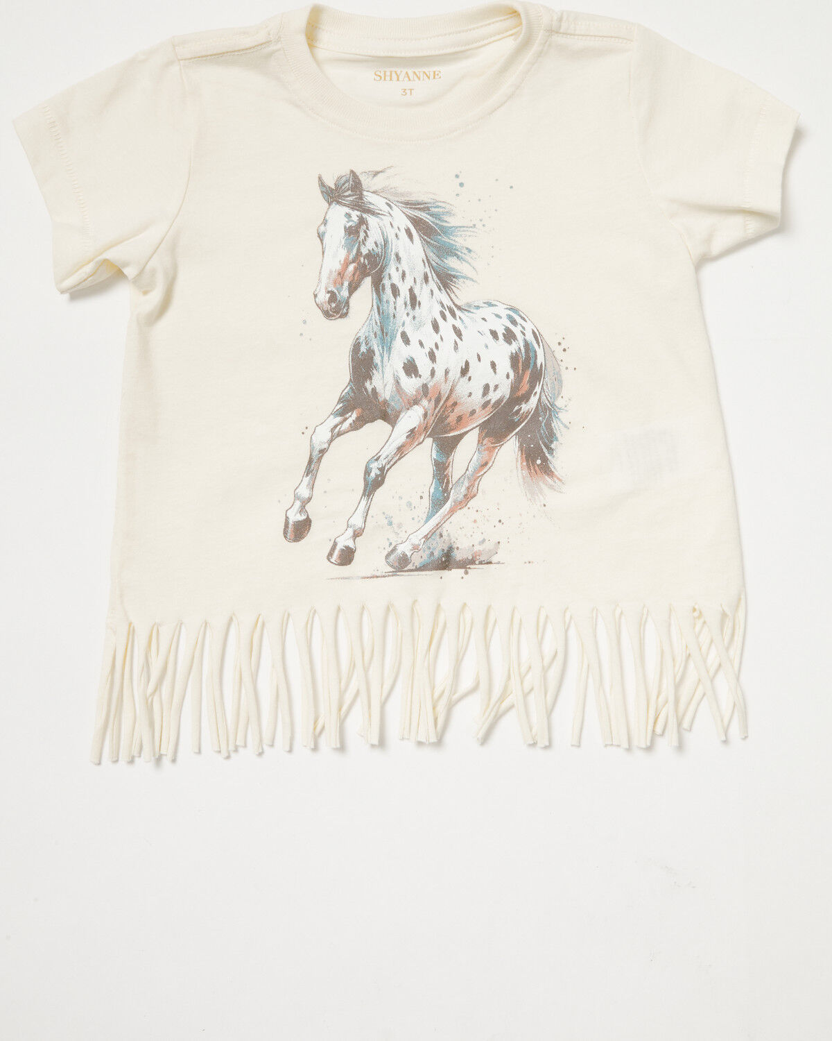 Shyanne Toddler Girls' Maisie Spotted Horse Fringe Short Sleeve Graphic Tee, Cream, hi-res