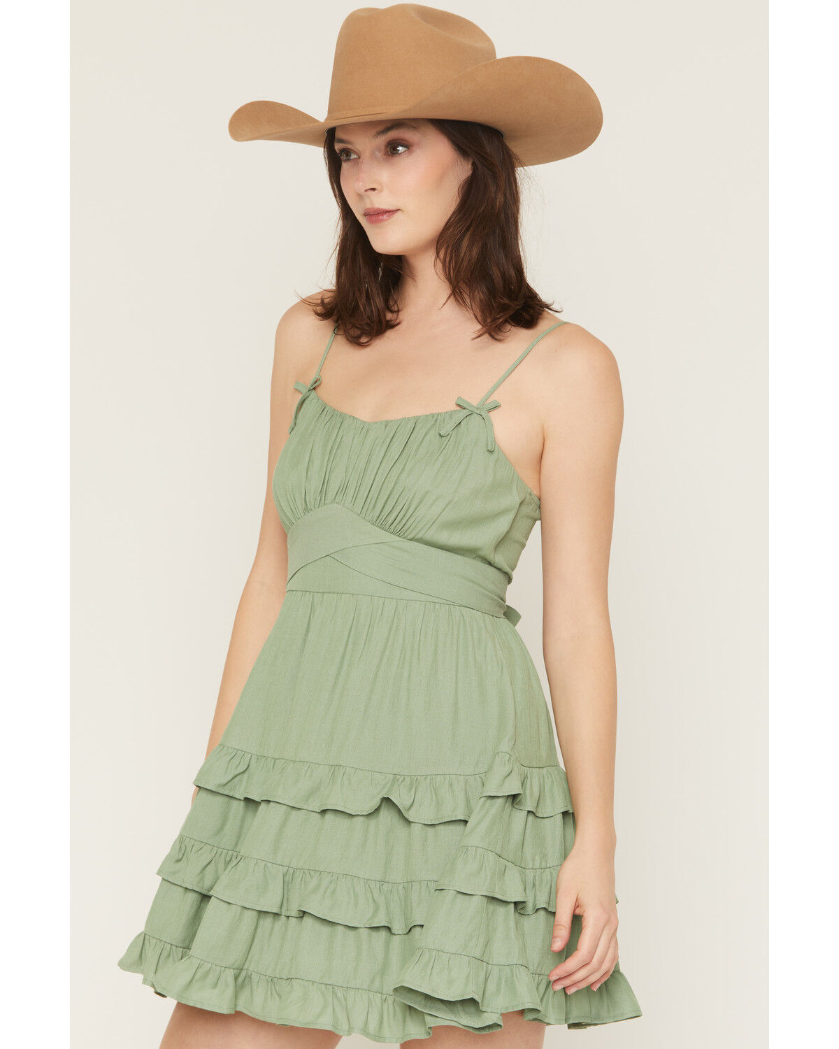 Image #2 - Ash & Violet Women's Sleeveless Tiered Ruffle Mini Dress, Sage, hi-res