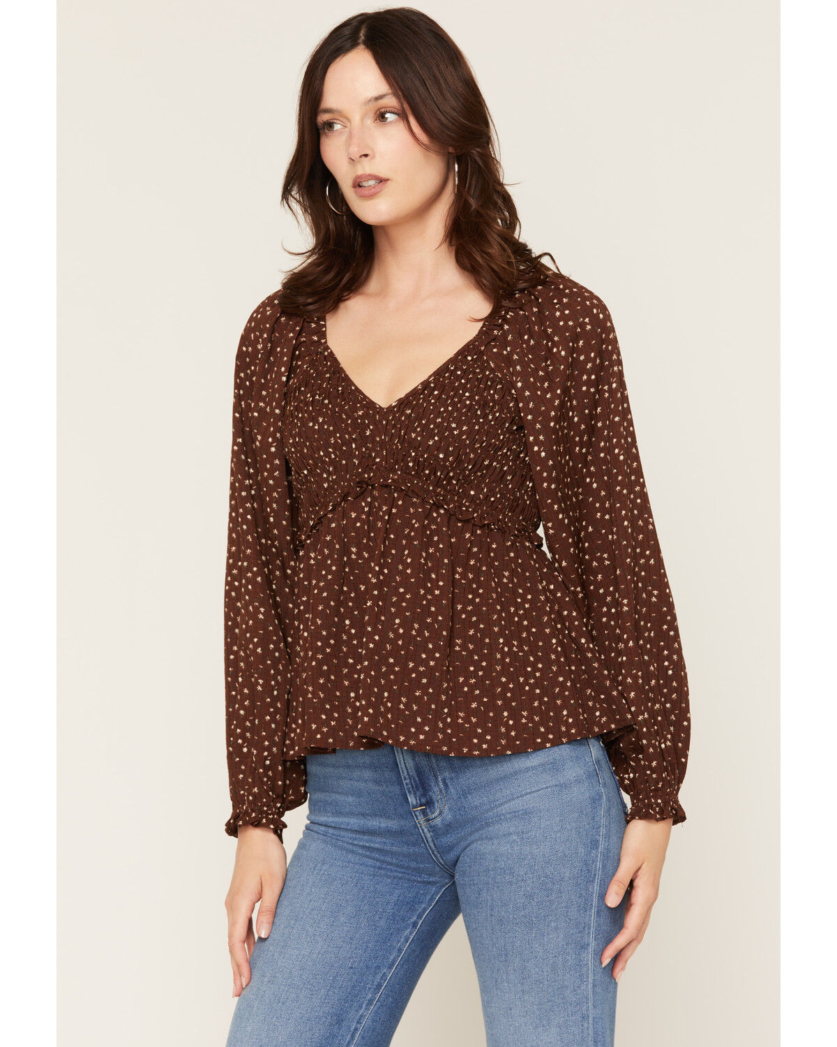Image #1 - Yura Women's Floral Print Long Sleeve Shirt, Brown, hi-res