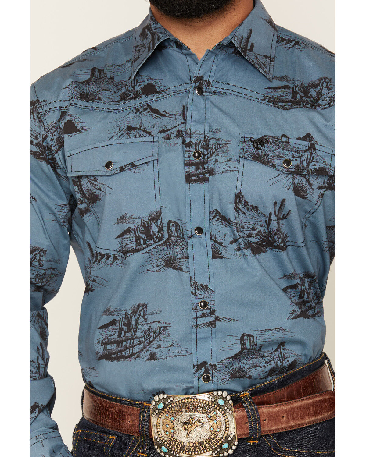 Image #3 - Cowboy Hardware Men's Western Scenery Print Long Sleeve Snap Stretch Western Shirt, Indigo, hi-res