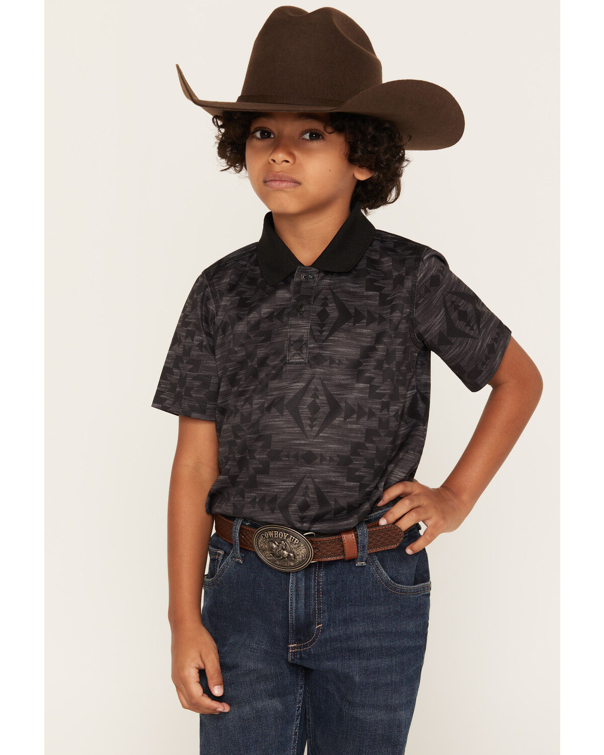 Image #1 - RANK 45&reg; Boys' Tonal Southwestern Print Short Sleeve Polo, Charcoal, hi-res