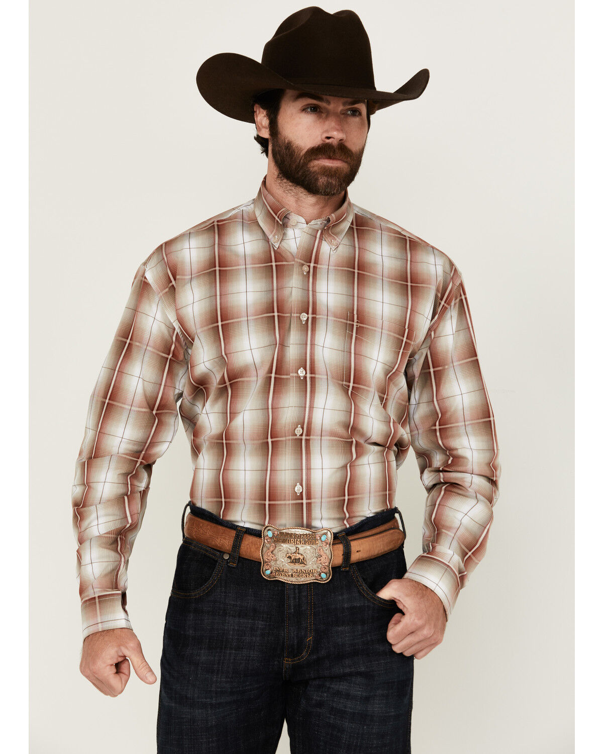 Stetson Men's Plaid Print Long Sleeve Button-Down Western Shirt, Red, hi-res