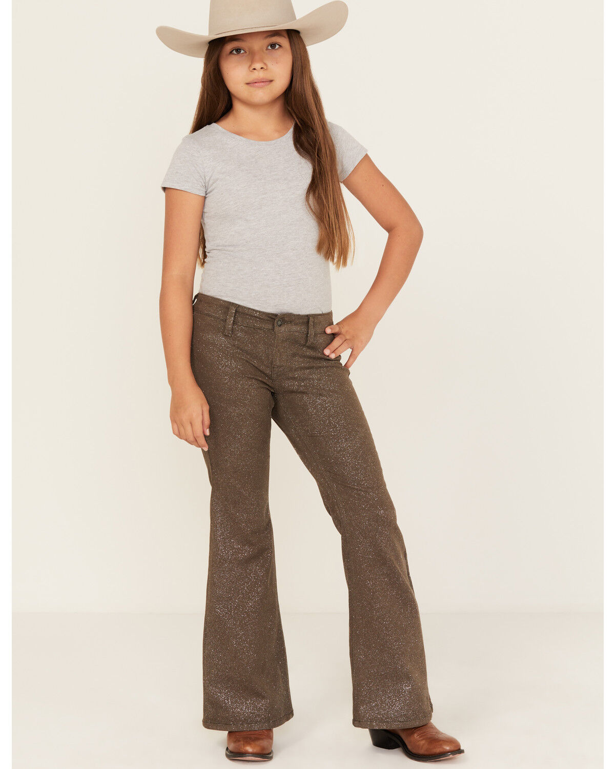 Rock & Roll Denim Girls' Glitter Stretch Flare Jeans, Silver, hi-res