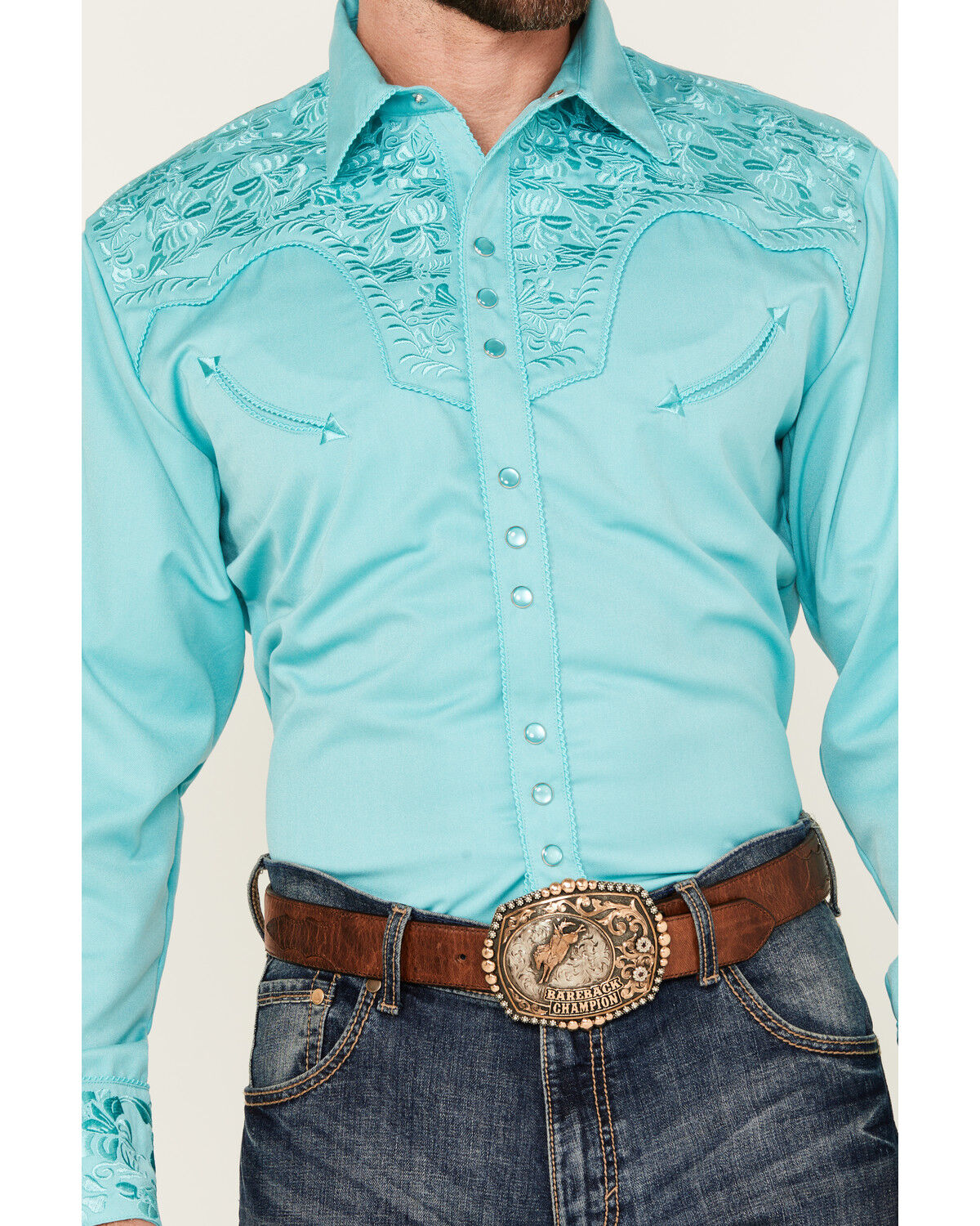 Image #3 - Scully Men's Gunfighter Tonal Embroidered Long Sleeve Snap Western Shirt, Turquoise, hi-res