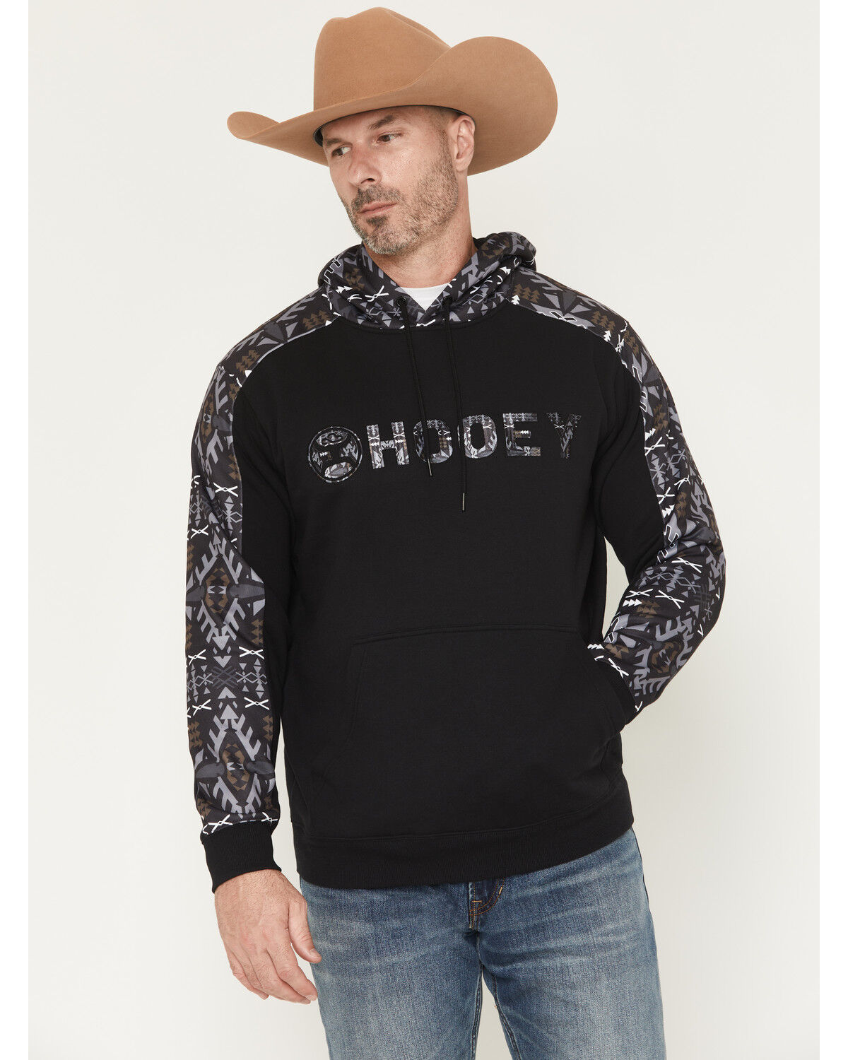 Hooey Men's Canyon Southwestern Sleeve Hooded Sweatshirt, Black, hi-res