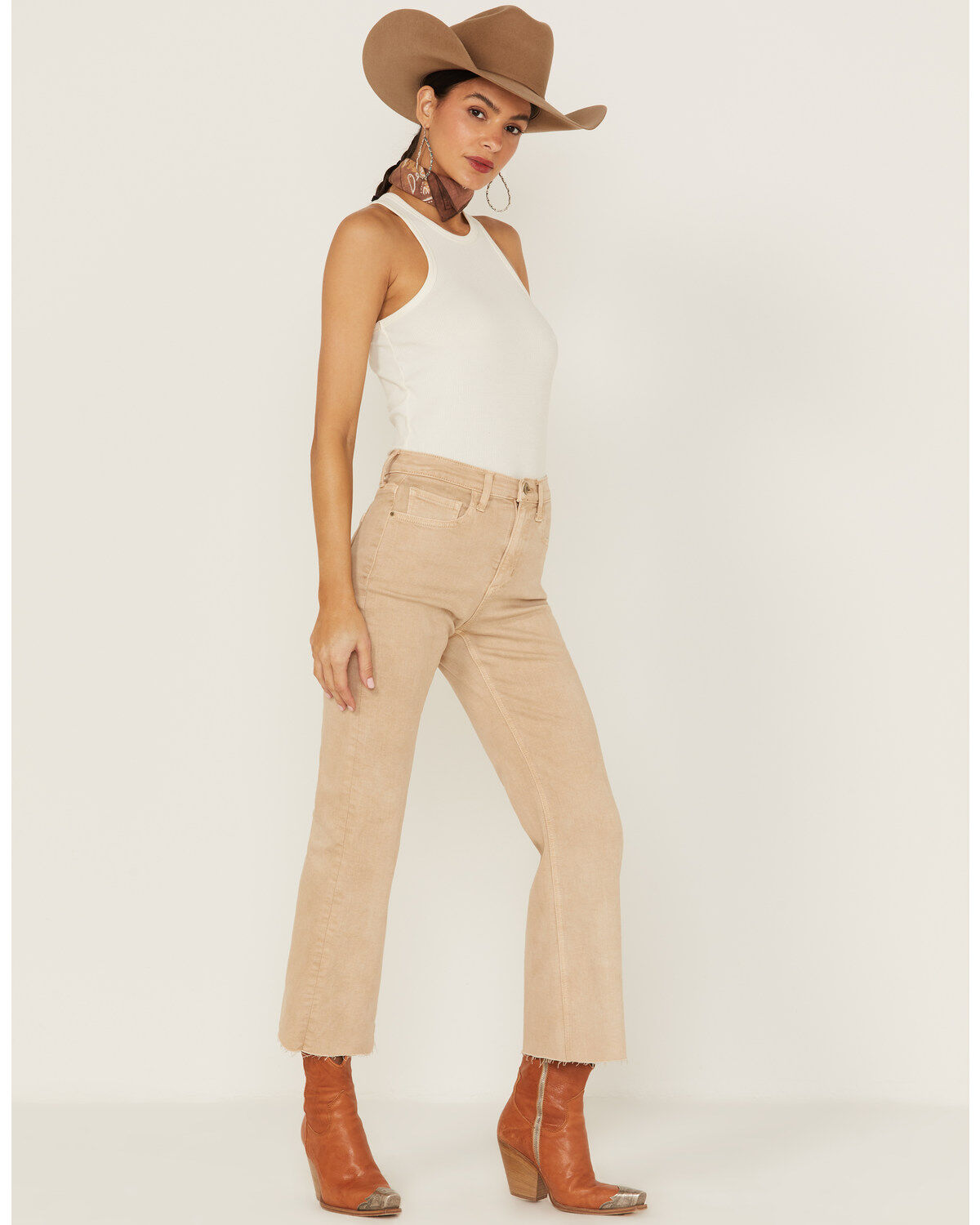 Image #1 - Sneak Peek Women's Natural High Rise Raw Hem Crop Jeans, Natural, hi-res
