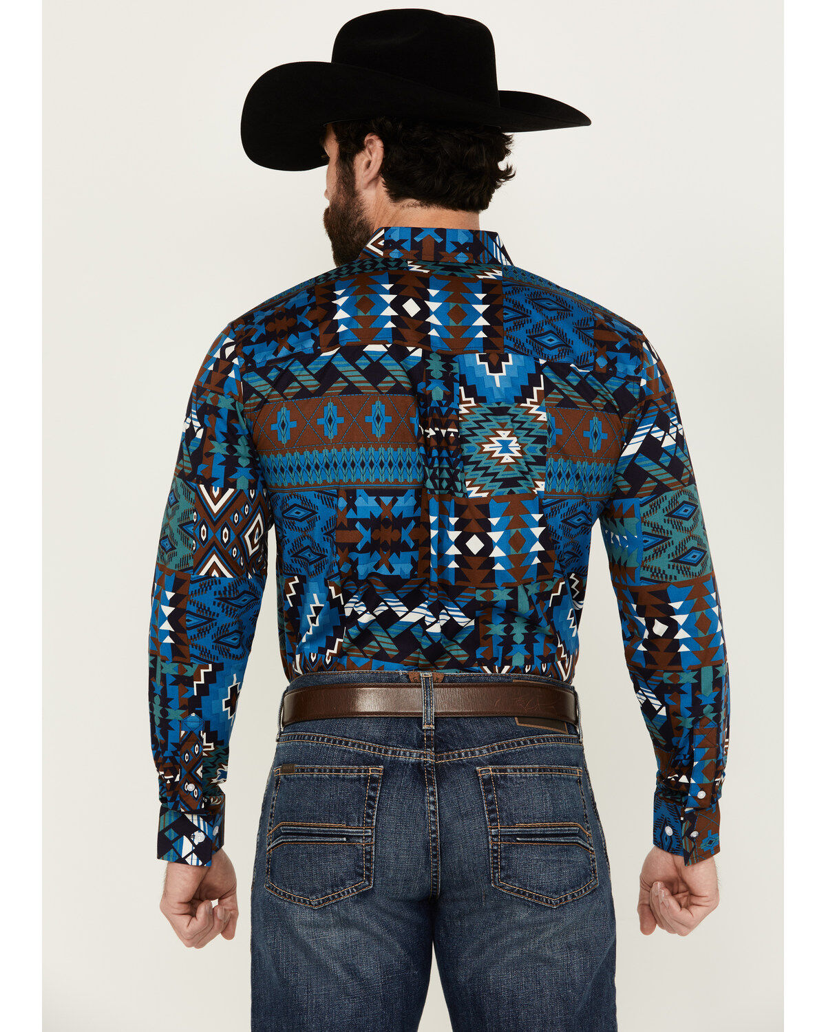 Image #4 - RANK 45&reg; Men's Zavallo Southwestern Patchwork Long Sleeve Button-Down Stretch Western Shirt, Teal, hi-res