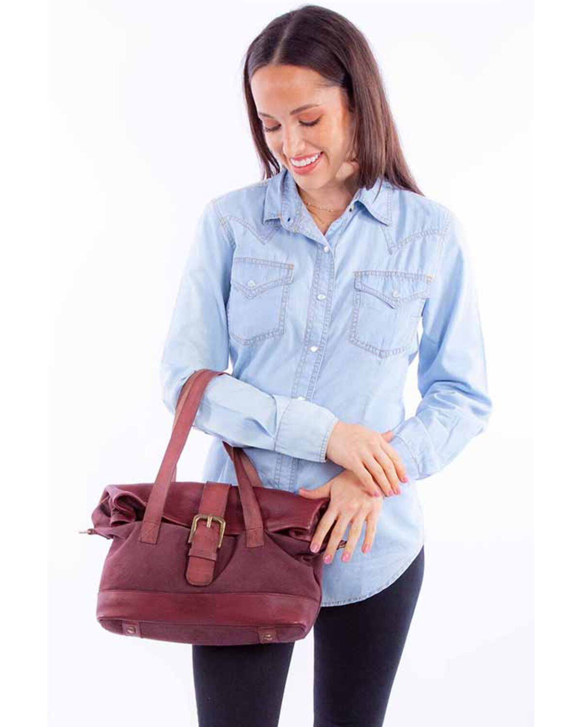 Image #1 - Scully Women's Canvas Leather Handbag, Burgundy, hi-res