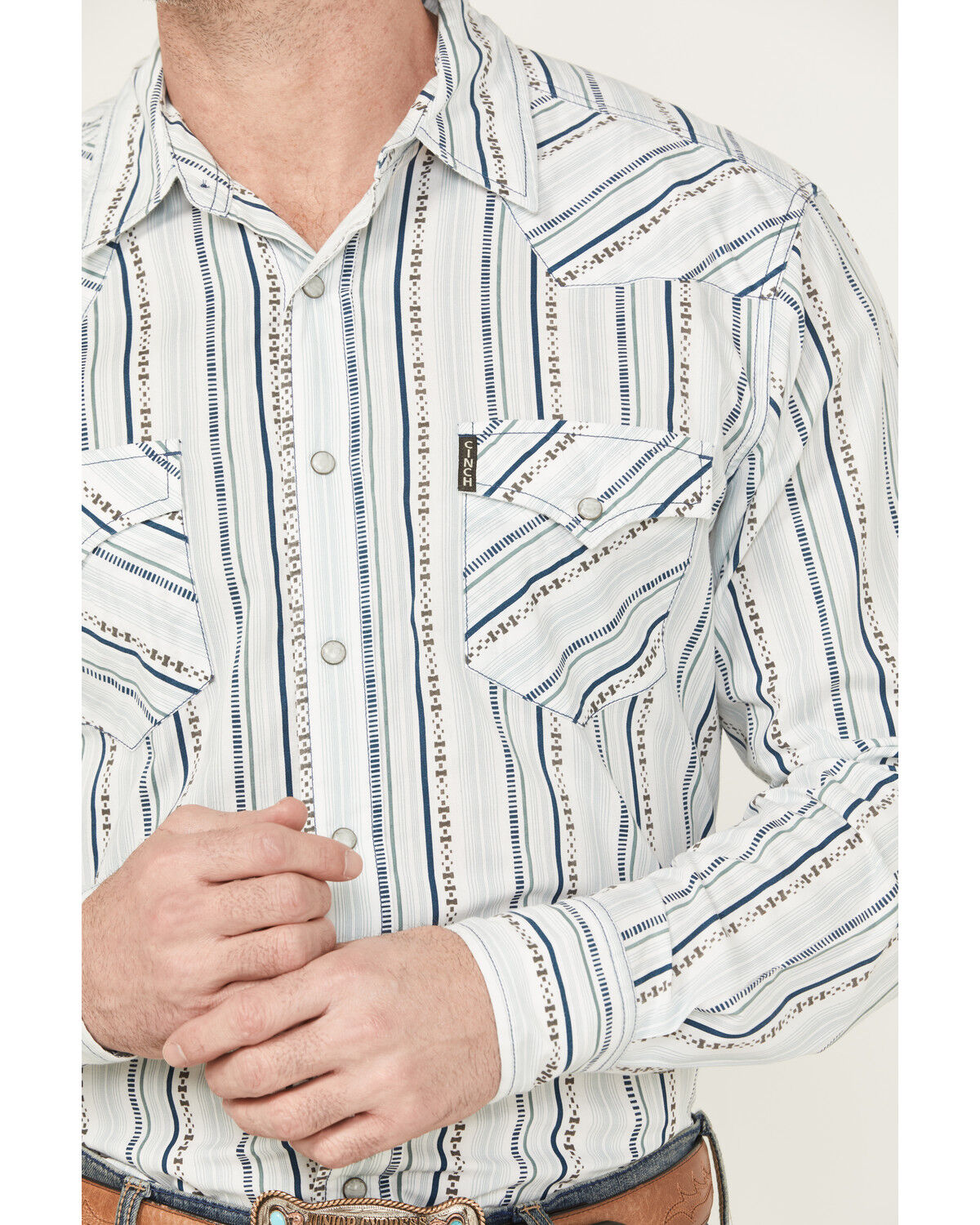 Image #3 - Cinch Men's Striped Print Modern Fit Long Sleeve Snap Western Shirt, White, hi-res