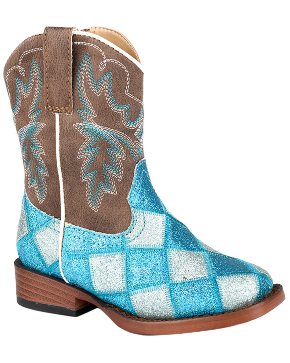 Roper Toddler Girls' Glitter Blocks Western Boots - Broad Square Toe, Blue, hi-res
