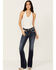 Image #3 - Miss Me Women's Dark Wash Mid Rise Barbed Wire Stitch Pocket Bootcut Stretch Denim Jeans, Dark Wash, hi-res