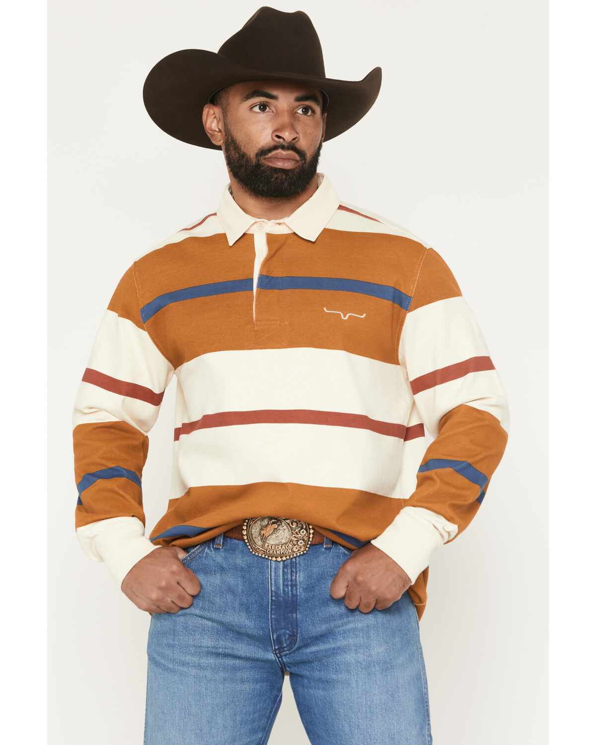 Image #1 - Kimes Ranch Men's Bulldog Rugby Striped Long Sleeve Polo Shirt, Brown, hi-res