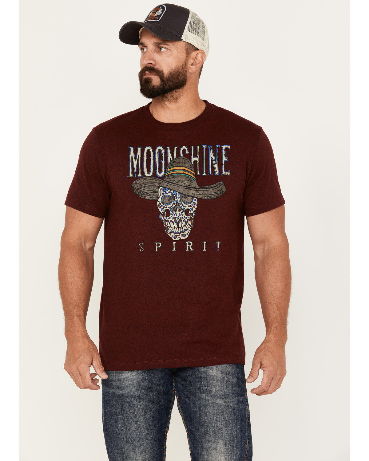 Image #1 - Moonshine Spirit&reg; Men's Sombrero Skull Short Sleeve Graphic T-Shirt, Burgundy, hi-res