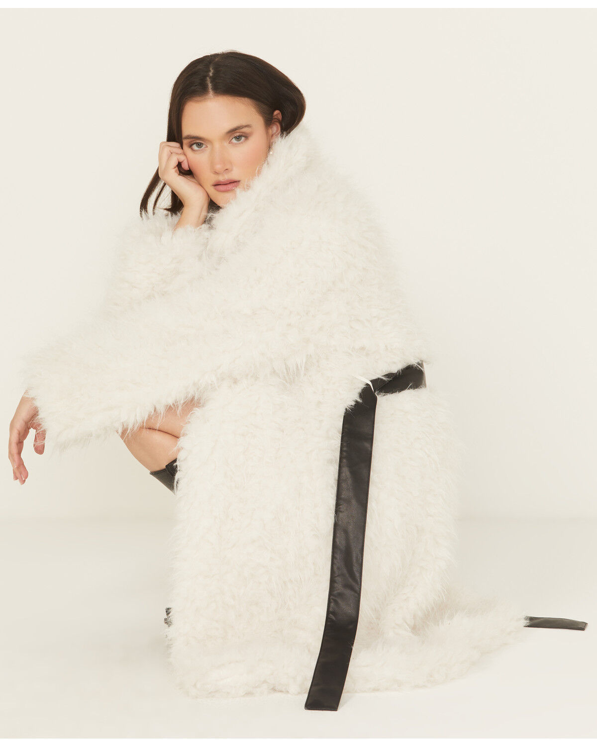 Fornia Women's Leather Tie Faux Fur Coat, White, hi-res