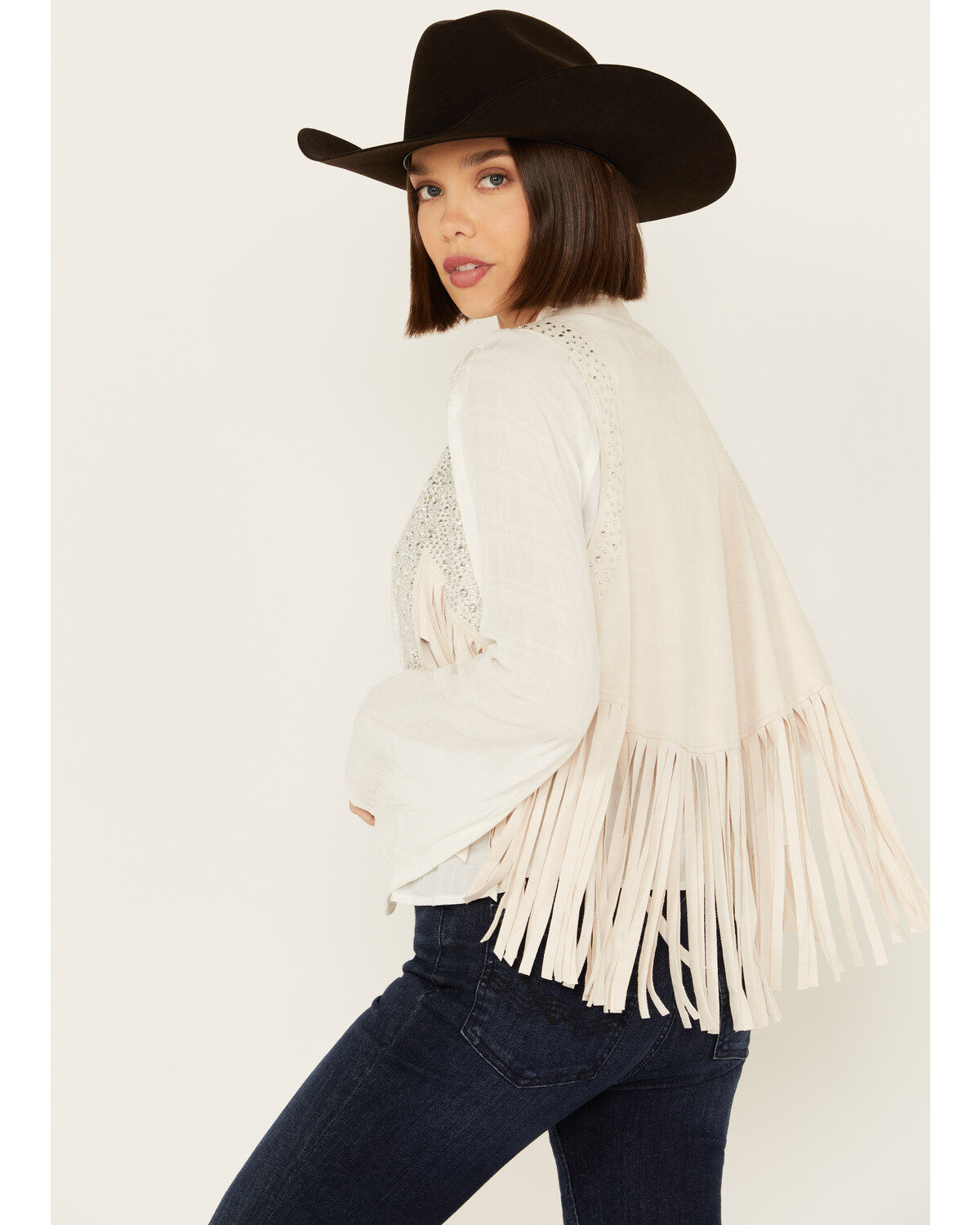 Image #4 - Vocal Women's Rhinestone Cropped Faux Suede Vest, Natural, hi-res