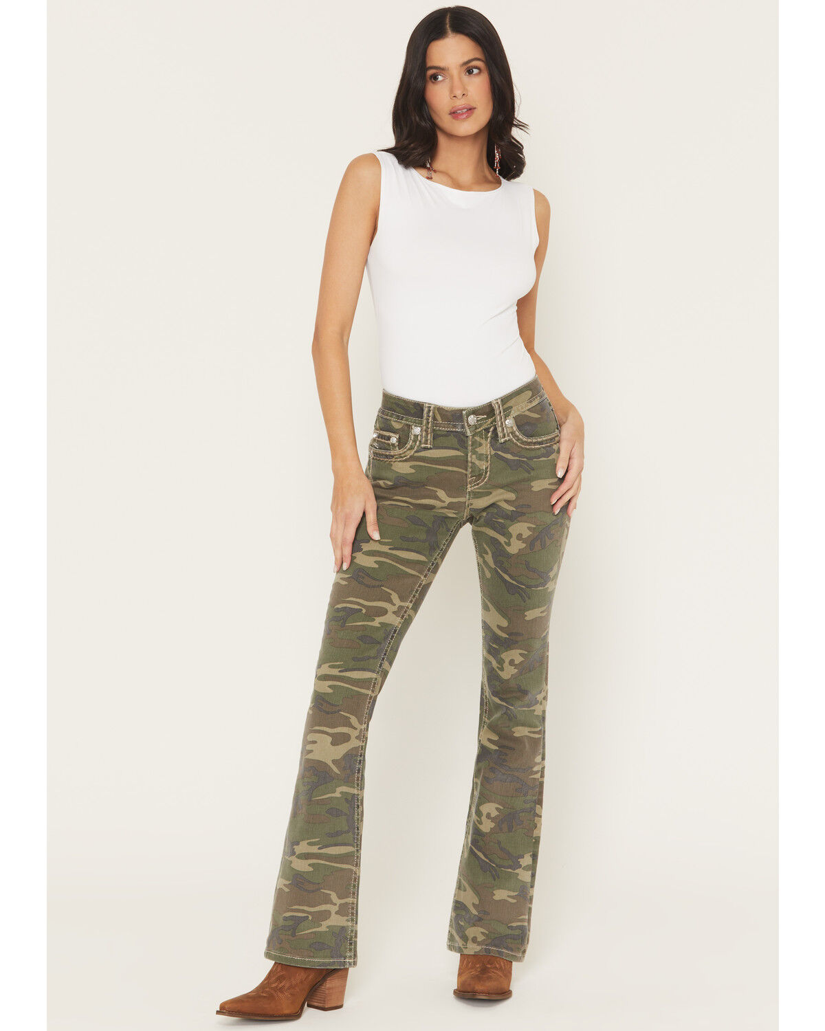 Miss Me Women's Camo Print Mid Rise Flap Pocket 32" Bootcut Stretch Denim Jeans, Green, hi-res