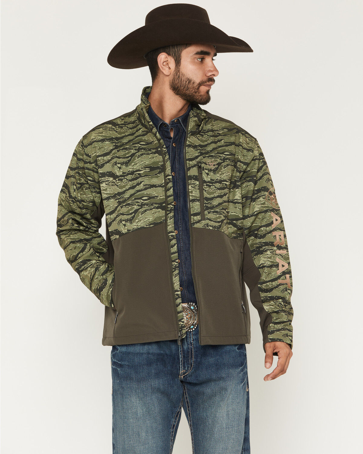 Image #1 - Ariat Men's Logo Camo Logo Concealed Carry Softshell Jacket - Big, Black, hi-res