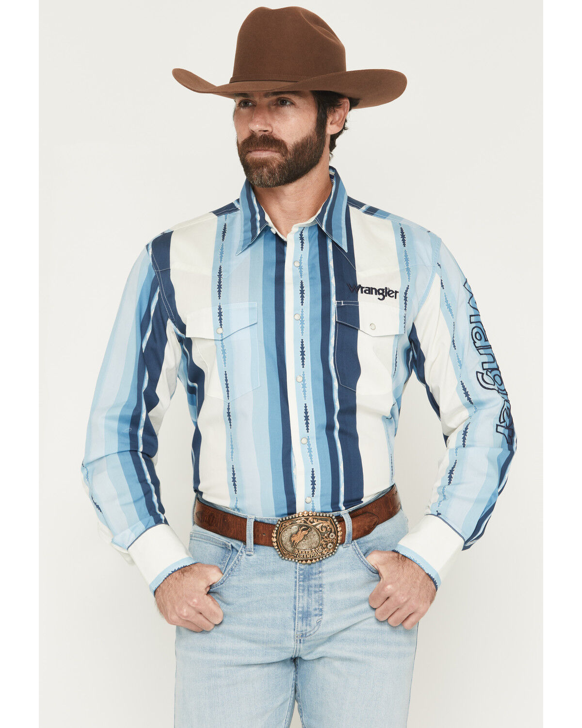 Wrangler Men's Logo Striped Long Sleeve Snap Western Shirt, Blue, hi-res