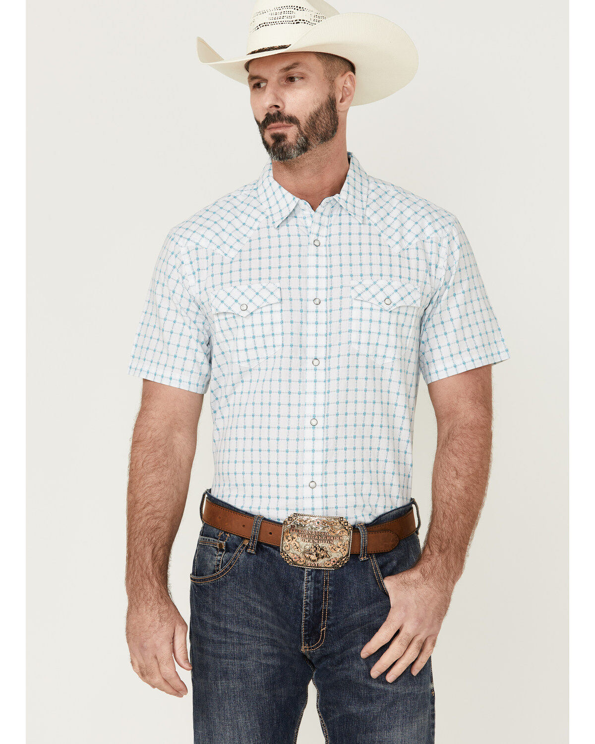 Image #1 - Moonshine Spirit&reg; Men's River Delta Small Plaid Short Sleeve Pearl Snap Western Shirt, Cream, hi-res