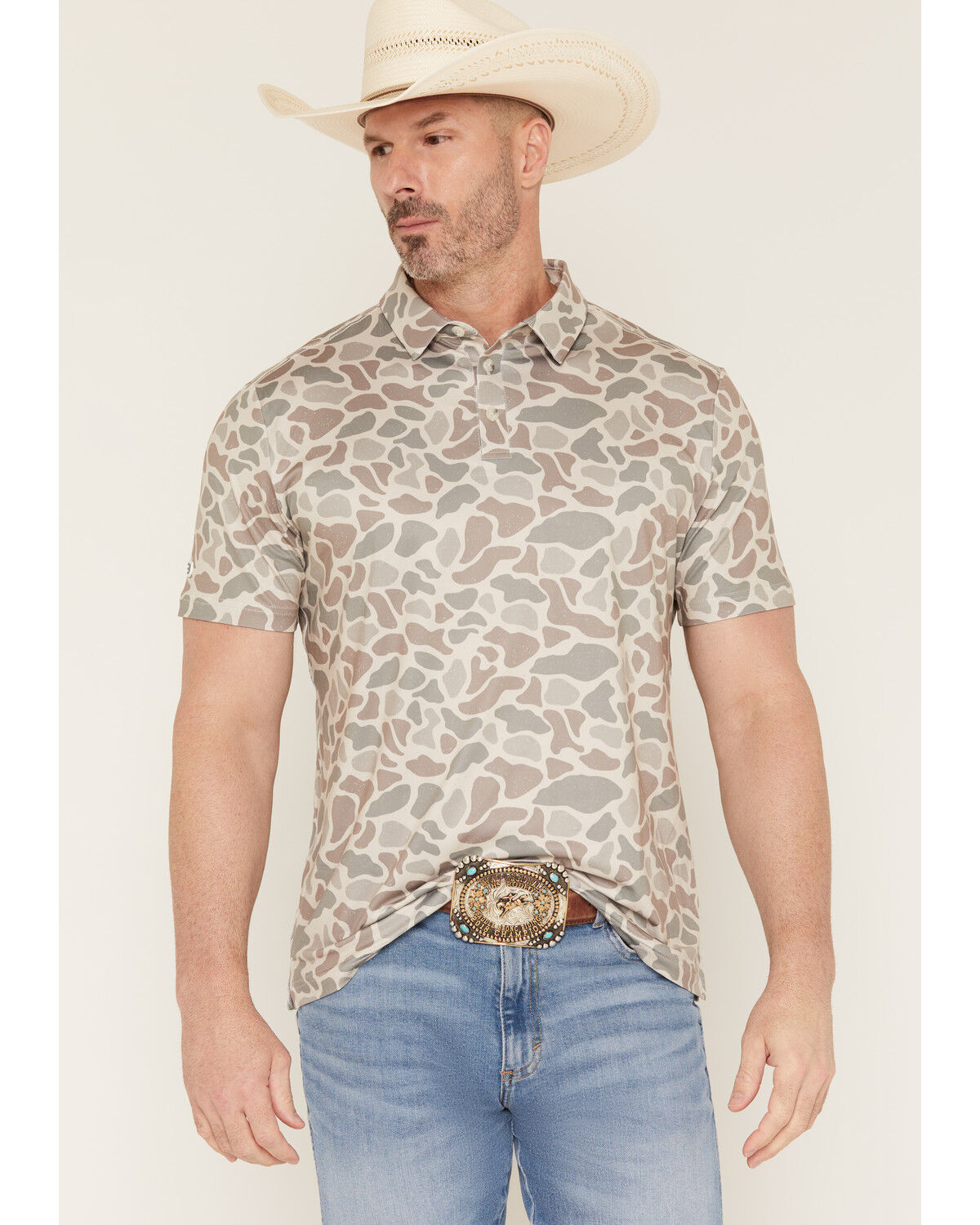 Image #1 - Burlebo Men's Deer Camo Print Short Sleeve Button-Down Stretch Polo Shirt, Camouflage, hi-res