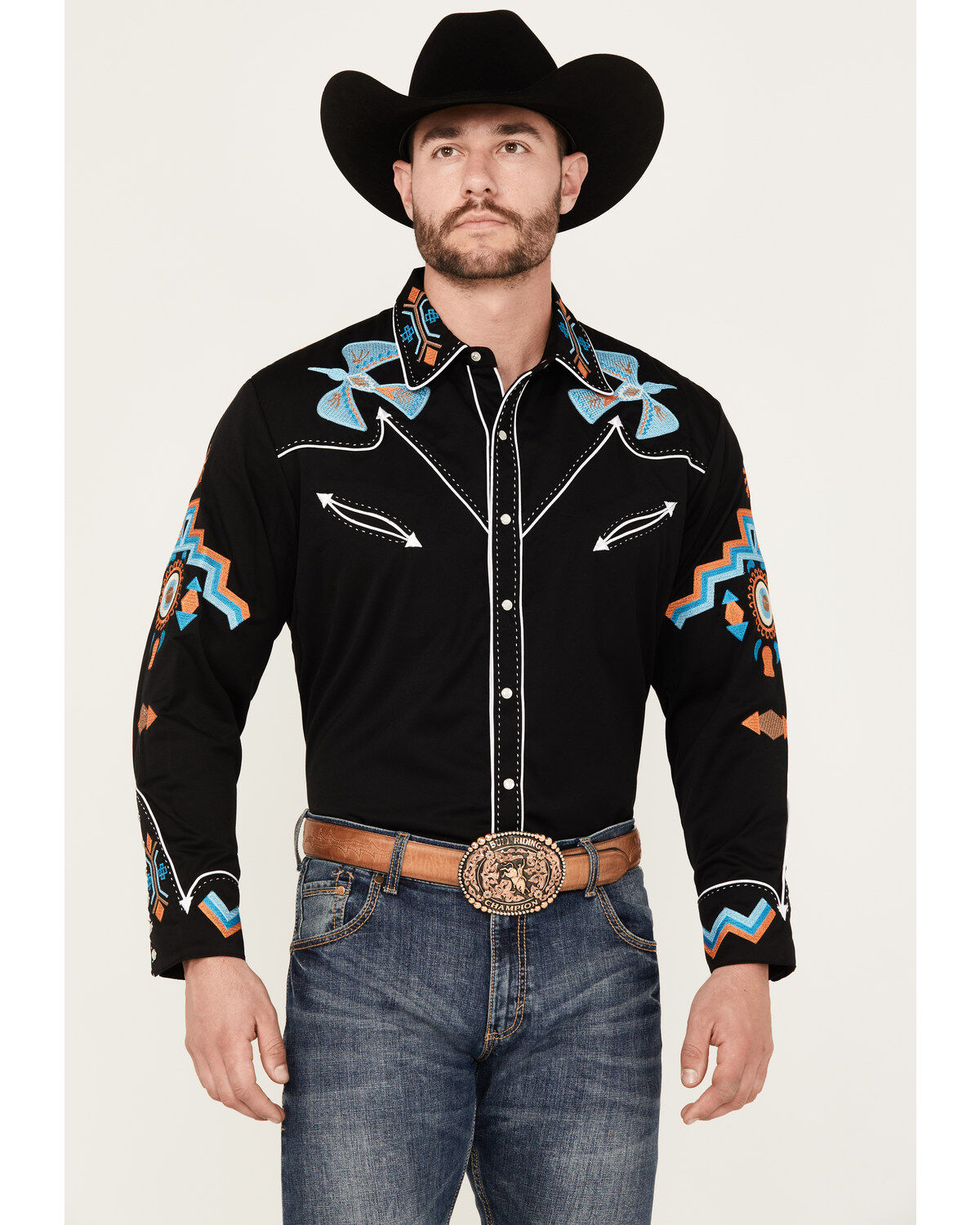 Image #1 - Scully Men's Phoenix Embroidered Retro Long Sleeve Western Shirt, Black, hi-res