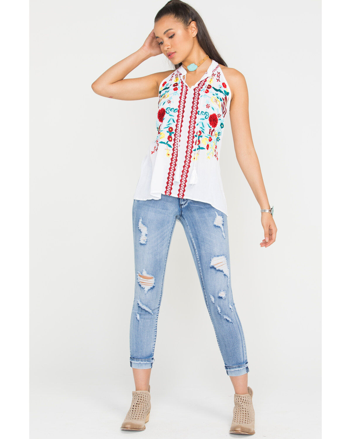 Image #3 - Scully Women's Honey Creek Embroidered Tassel Tank, White, hi-res