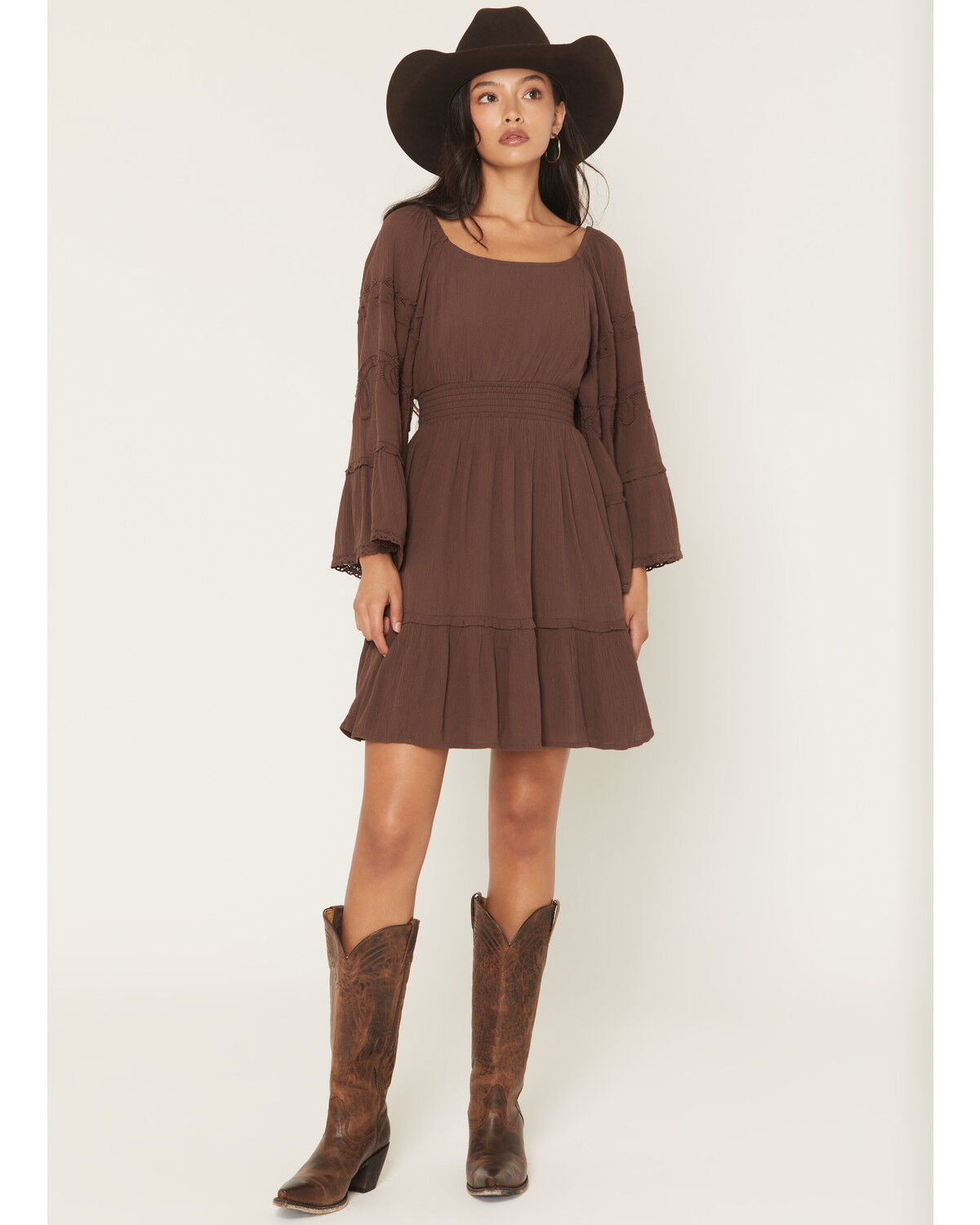 Image #1 - Shyanne Women's Highlands Bell Sleeve Embroidered Mini Dress, Brown, hi-res