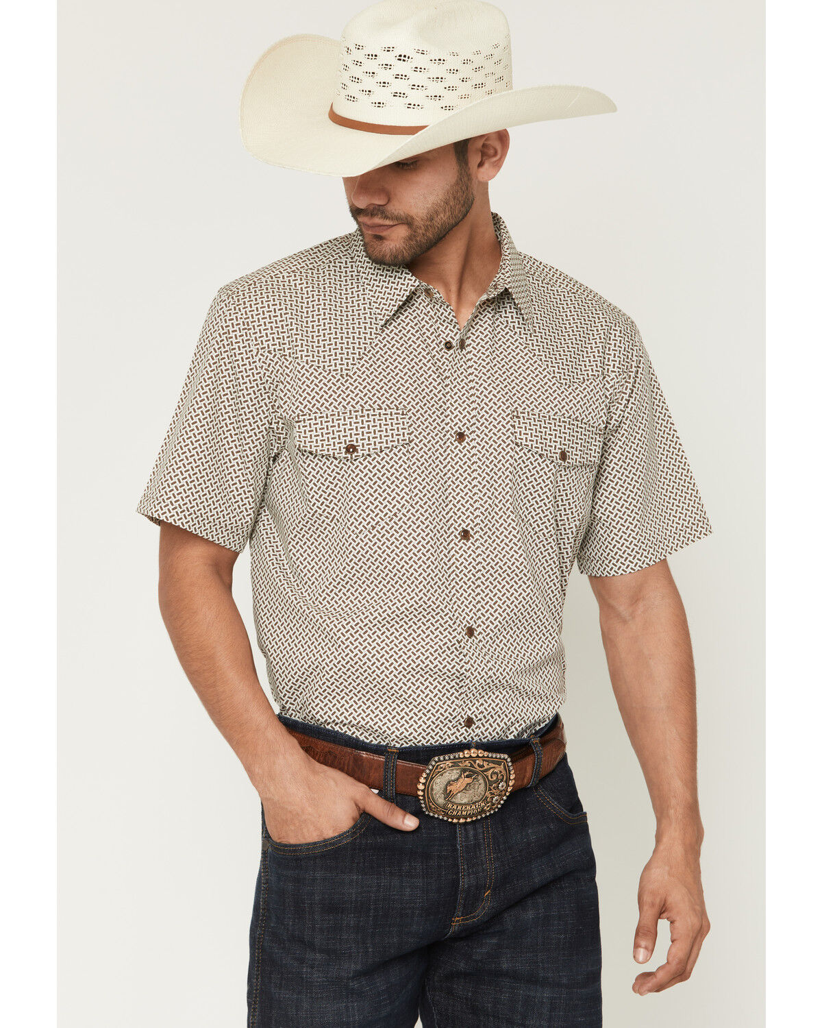 Image #1 - Gibson Trading Co Men's Sedona Tile Geo Print Short Sleeve Snap Western Shirt, Brown, hi-res