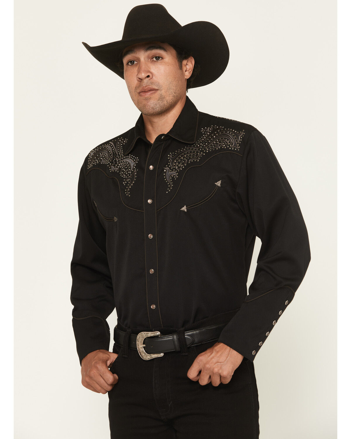 Image #1 - Scully Men's Embellished Solid Long Sleeve Pearl Snap Western Shirt, Black, hi-res