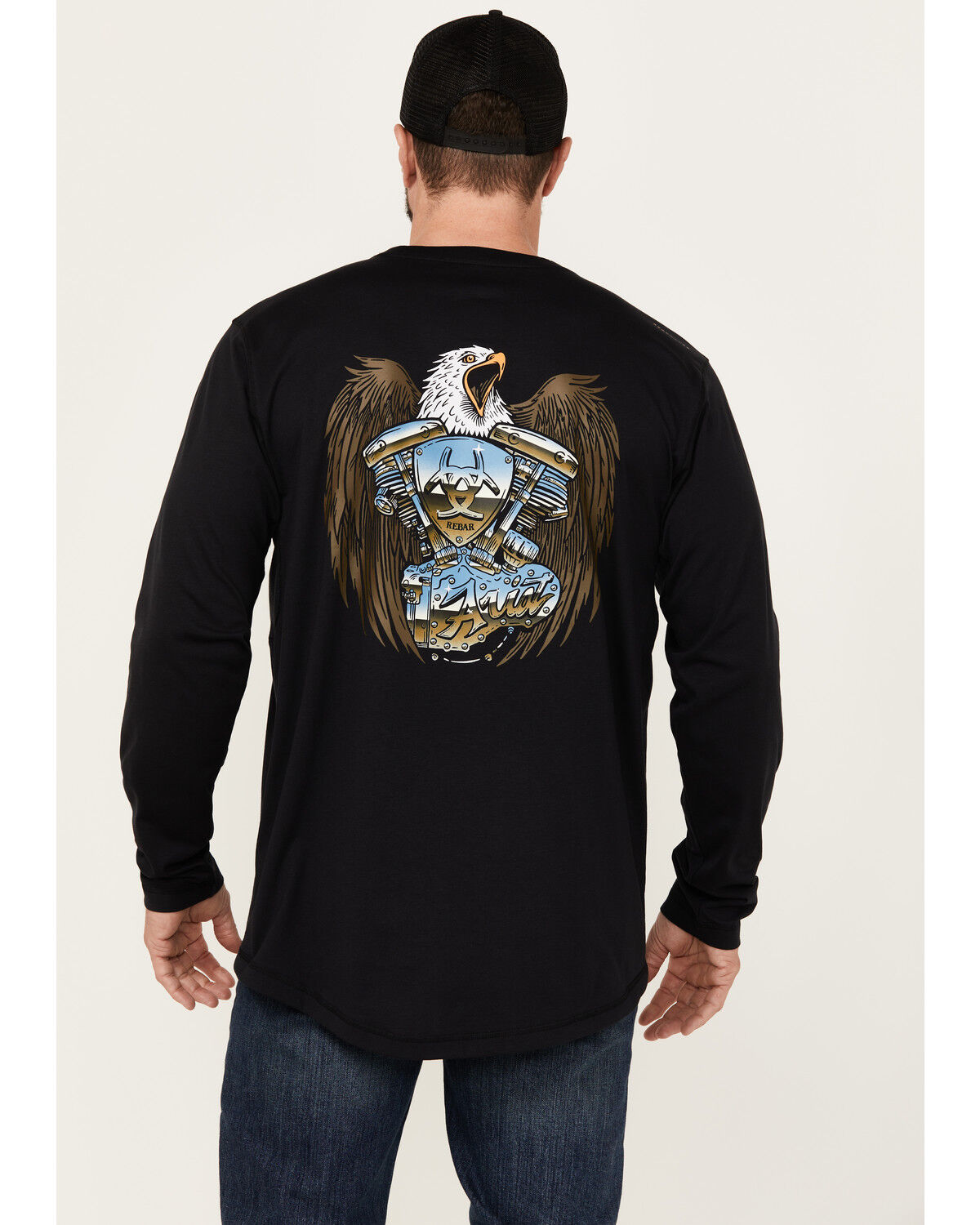 Image #1 - Ariat Men's Rebar Workman Chrome Moto Eagle Long Sleeve Graphic Work T-Shirt, Black, hi-res