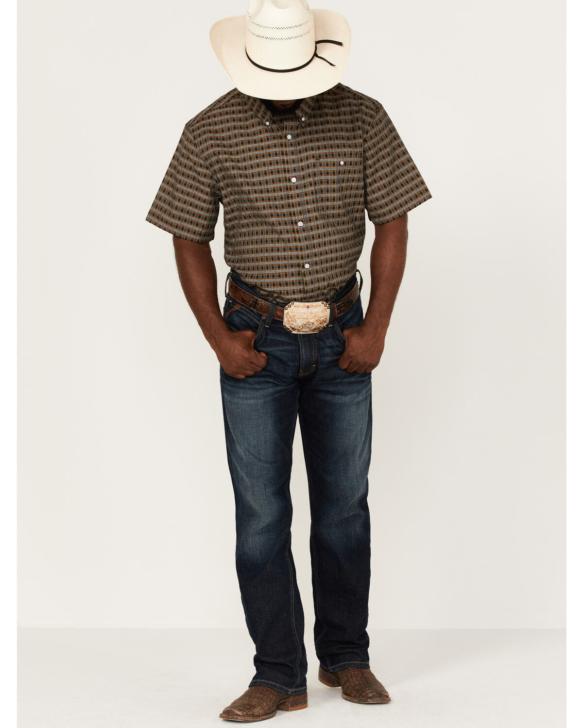 Image #2 - RANK 45&reg; Men's Steer Small Plaid Print Short Sleeve Button-Down Western Shirt, Black, hi-res