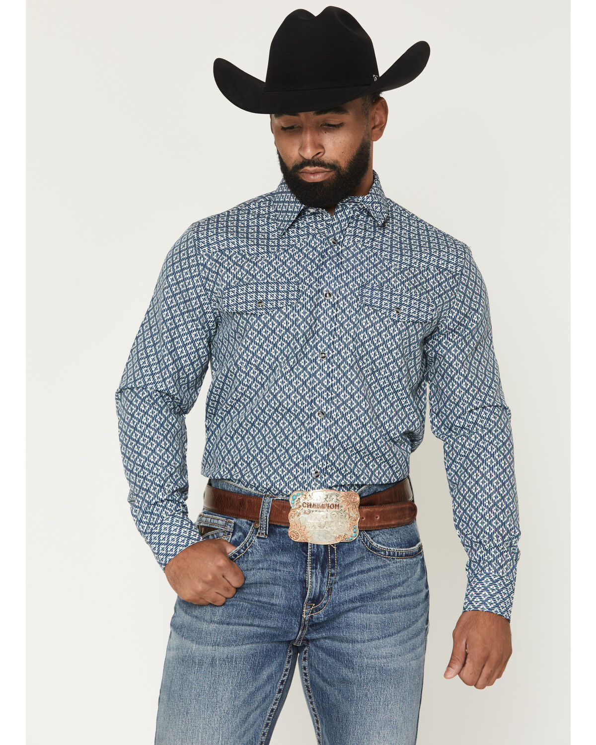 Image #1 - RANK 45&reg; Men's Twisted Geo Print Long Sleeve Snap Performance Western Shirt, Blue, hi-res