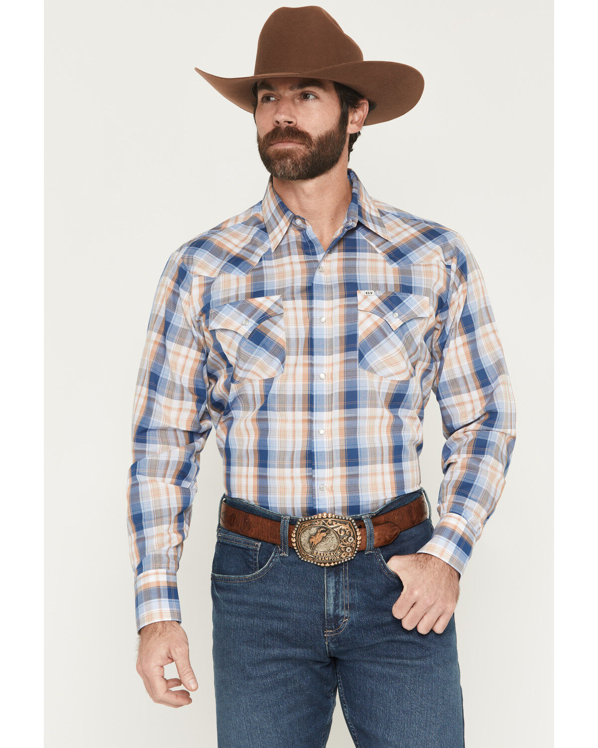 Image #1 - Ely Walker Men's Plaid Print Long Sleeve Pearl Snap Western Shirt, Navy, hi-res