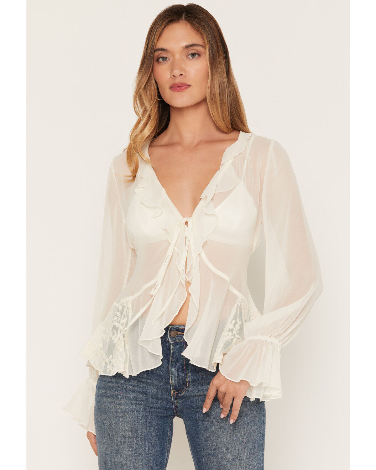 Wild Moss Women's Lace Sheer Long Sleeve Tie-Front Shirt, Ivory, hi-res