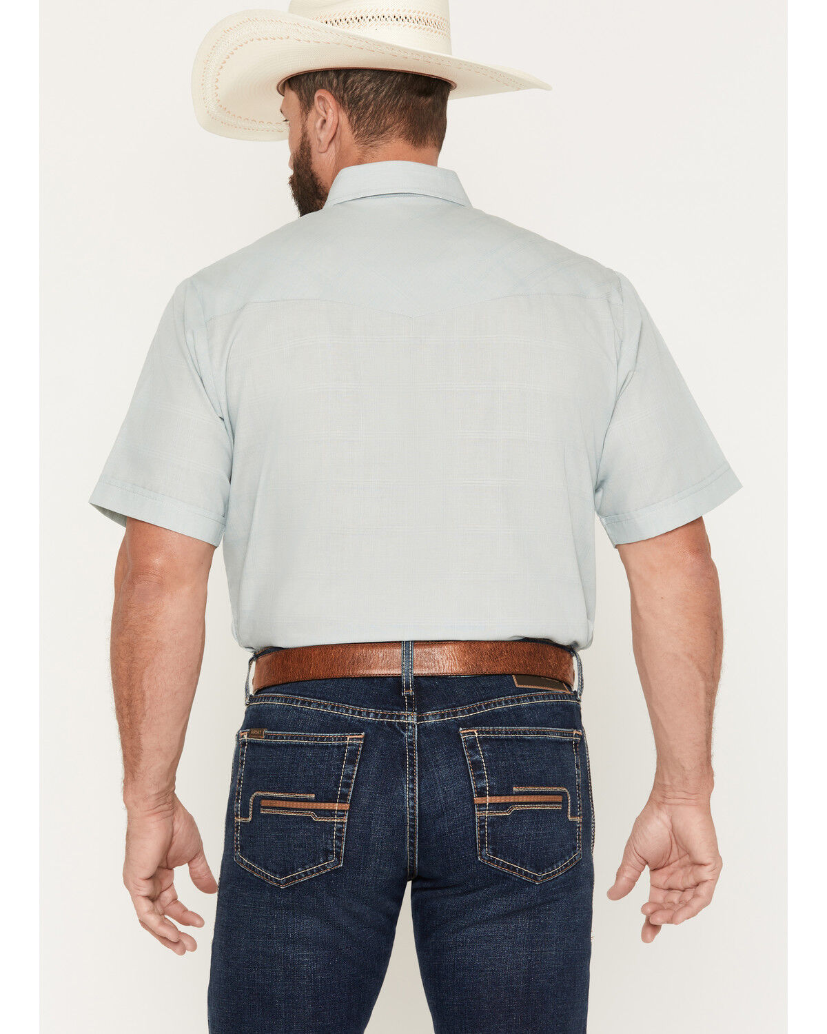 Image #4 - Ely Walker Men's Chambray Solid Short Sleeve Pearl Snap Western Shirt, Aqua, hi-res