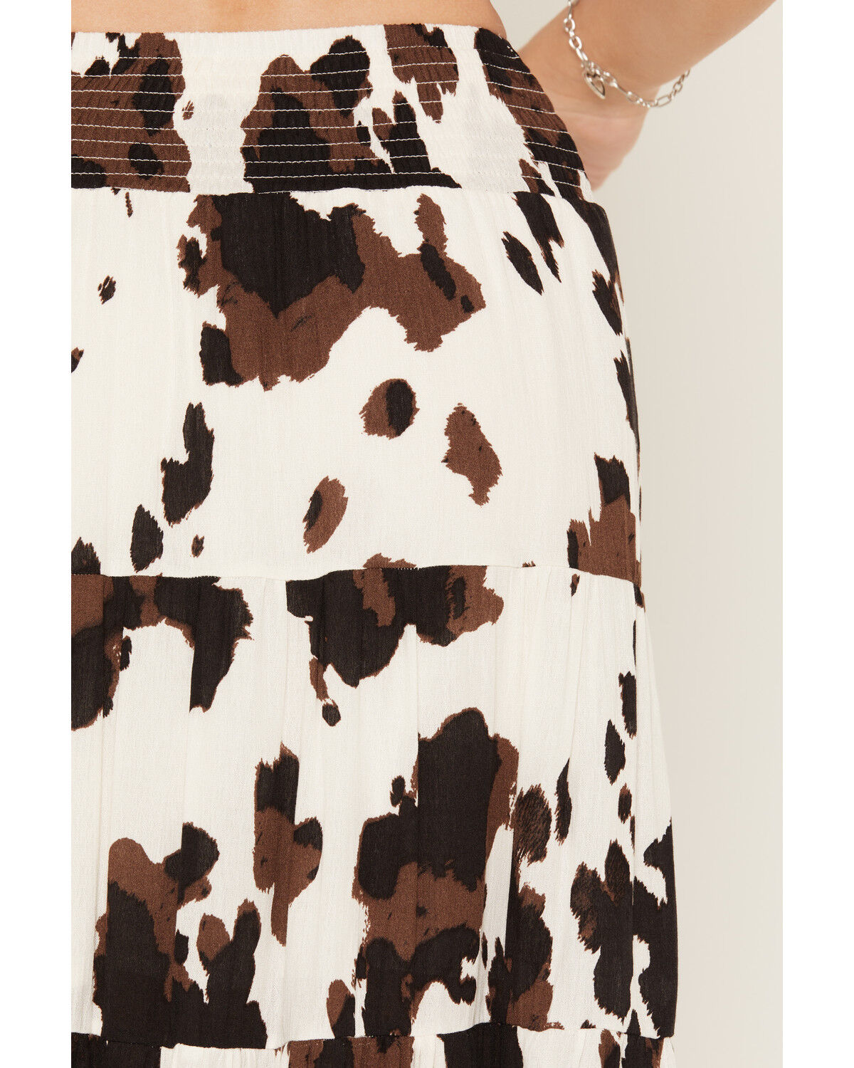 Image #4 - Wild Moss Women's Cow Print Tiered Front High Low Midi Skirt, Brown, hi-res