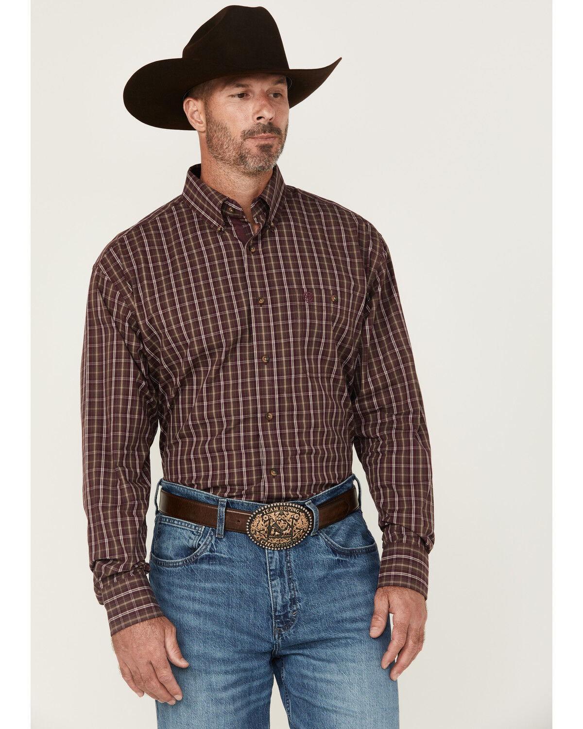Image #1 - George Strait by Wrangler Men's Plaid Print Long Sleeve Button-Down Stretch Western Shirt, Burgundy, hi-res